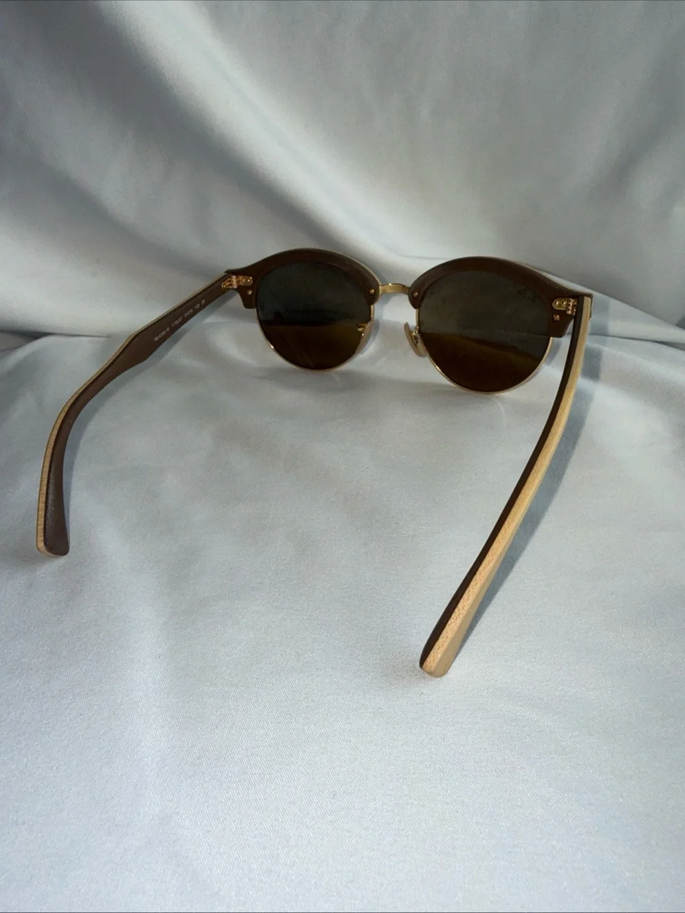 Ray-Ban Brown Wood-Style Round Frame Sunglasses with Dark Lenses